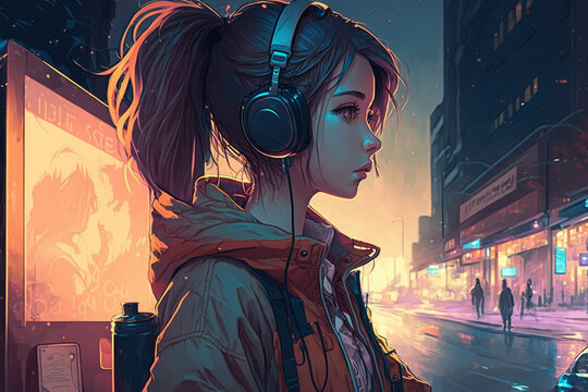Anime girl with headphones on city street. AI generated image, not based on any real person.