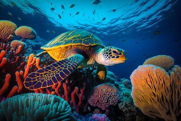 Fototapeta premium Sea turtle swims in tropical waters in the great barrier reef. Generative AI