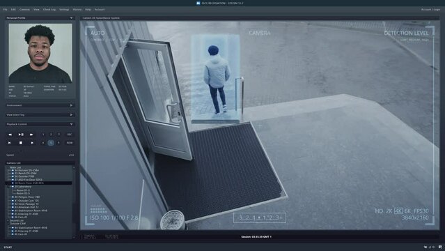 Playback CCTV camera on computer screen. Outside security camera of business office. AI program with facial recognition and personal profiles. Face scanning system. Digital surveillance and tracking.