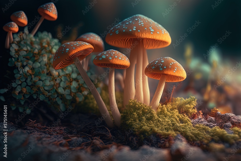 Poster Mushrooms in closeup on the ground. Generative AI