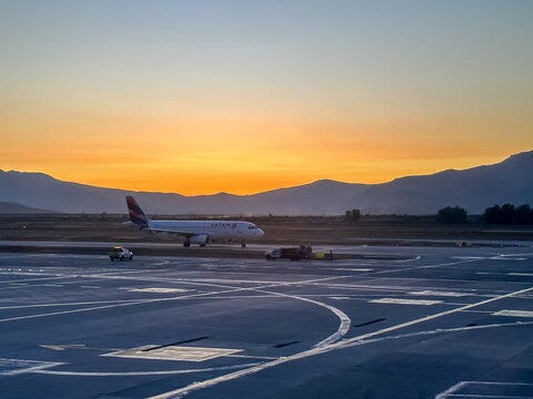 Santiago, Chile - January 2, 2023: Aircraft on the runways and taxi ways of Santiago Airport in Chile
