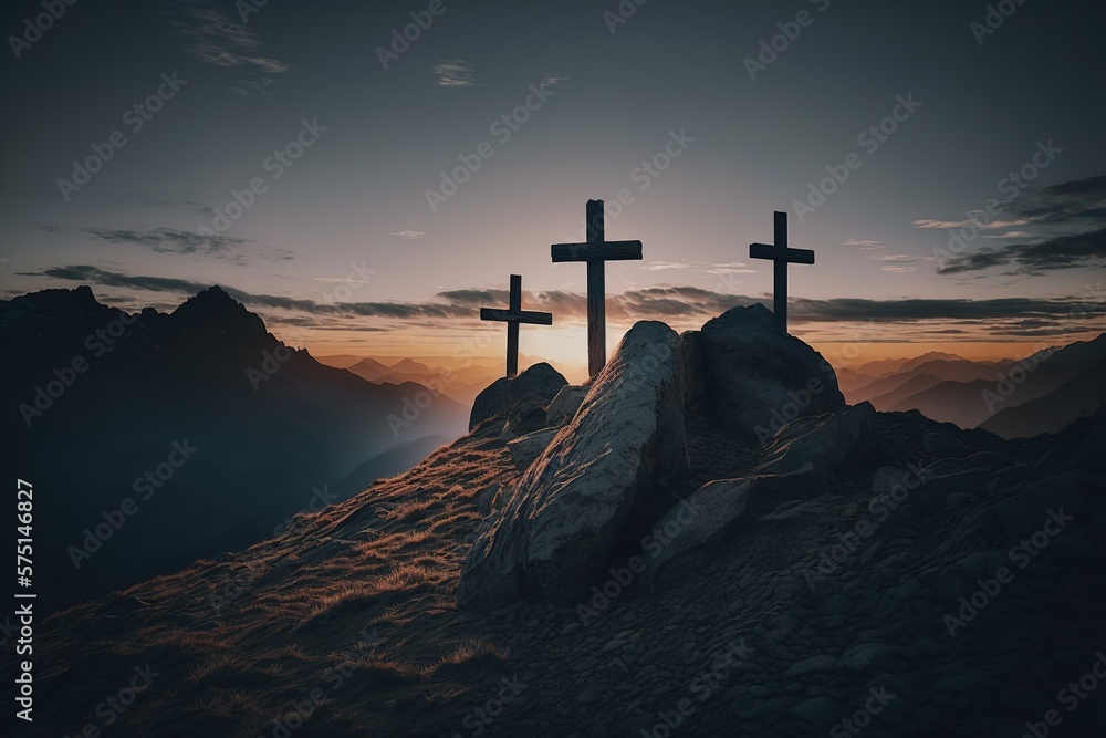 Wall mural At the top of the mountain, three wooden crosses side by side at dawn. Generative AI.