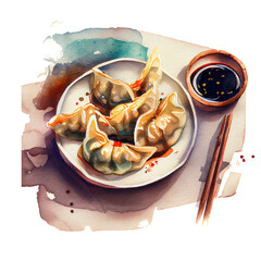 dumplings with seafood, watercolour style