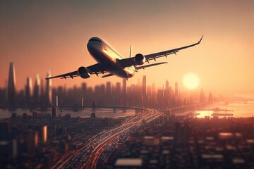 Aeroplane in flight over city in sunset. Generative AI.