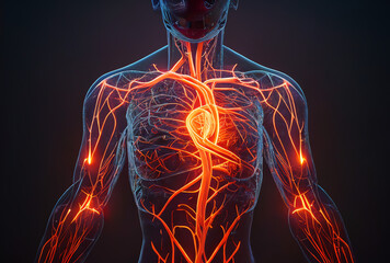 Plakat human circulatory system in neon, heart, veins, arteries, generative ai
