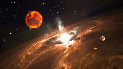 The transformation of a star into a white dwarf. Star and super hot planets © Peter Jurik