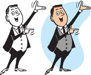 A vintage retro cartoon of a businessman pointing to the right. 