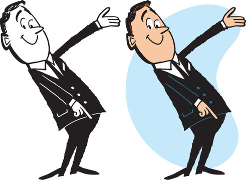 A vintage retro cartoon of a businessman pointing and gesturing to the right. 