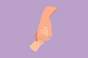 Cartoon flat style drawing father giving hand to his child. Adorable babies hands holding daddy finger. Parenting father care with love. Parental concept. Happy dad. Graphic design vector illustration