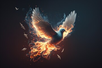 Pentecost background with flying dove and fire. Generative AI. - obrazy, fototapety, plakaty