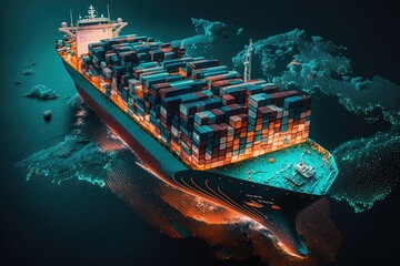 Aerial view of cargo maritime ship in the ocean. Generative AI.	
