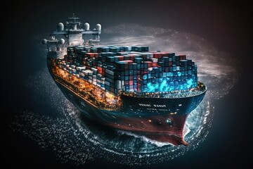 Aerial view of cargo maritime ship in the ocean. Generative AI.	