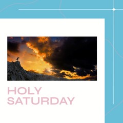 Composite of cross on top of mountain against sky, holy saturday text on white and blue background