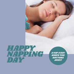 Image of happy napping day text over caucasian woman sleeping in bed