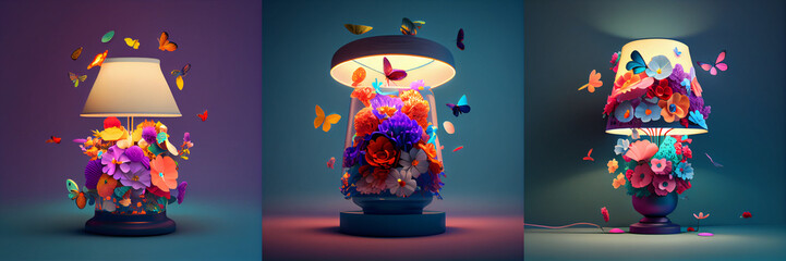 lamp surrounded by colorful flowers and butterflies. Isolated composition. Beautiful design for advertising, collection