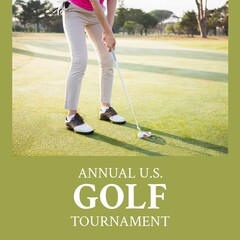 Image of annual us golf tournament text over caucasian male golf player on golf course