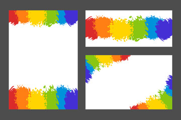Set of rainbow painted colorful splashes isolated on white background. Space for text with abstract stains border. Vector creative design template for Holi festival poster, banner, greeting card.