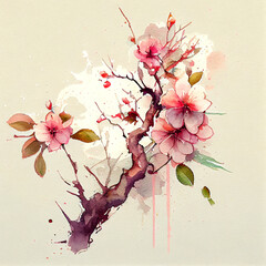  flowers, cherry blossom, sacura in watercolour for design