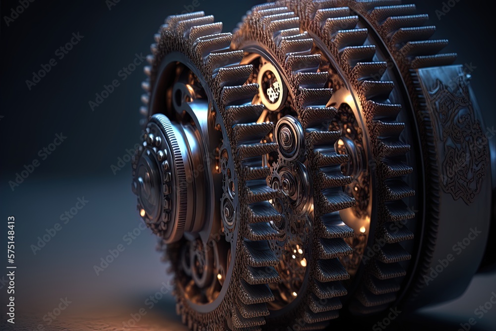 Poster a magnified view of grimy metal cogs on a light grid generative ai
