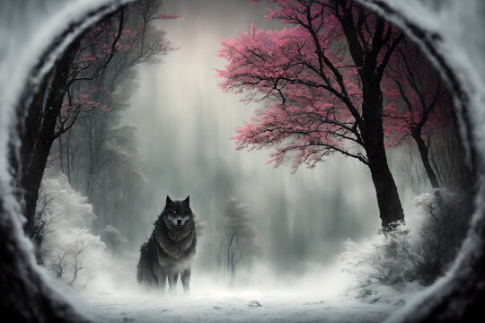 Beautiful northern landscape with giant wolf, warg Fenrir, AI generated