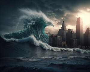 The tsunami wave goes to the city. Generative AI. - obrazy, fototapety, plakaty