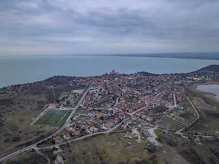 Hungary - Tihany peninsula at blue hour time from drone view. This amazing place is located on the Lake Balaton, one of the most visited tourist attraction in the area.