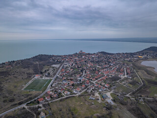 Hungary - Tihany peninsula at blue hour time from drone view. This amazing place is located on the...