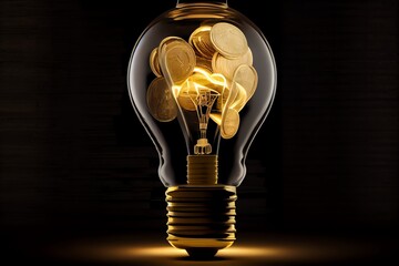 Gold Coins Glow Inside A Light Bulb, Concept Of Luxury And Wealth, Technology. Generative AI