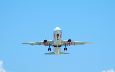 White airplane with take off from the airport.