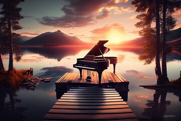 Piano Sitting On A Dock At The Sunset. Beautiful Scenery. Instrument. Generative AI