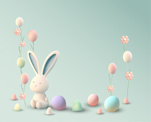 Naklejka na ściany i meble Easter celebration vector 3d season background, realistic cute bunny eggs rabbit illustration. 
