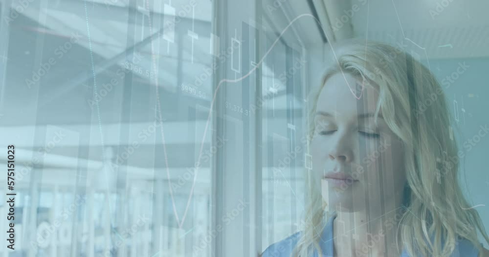 Poster animation of statistical data processing over caucasian woman looking out of the window at office