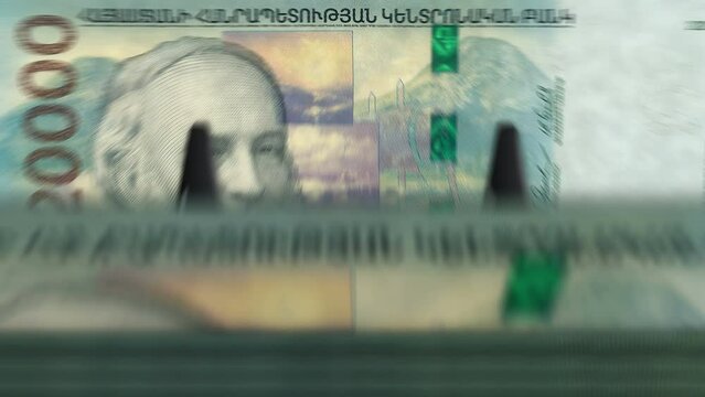 Armenia money. Armenian Dram banknote counting machine. Quick 20000 AMD currency note down rotation. Business and economy. Concept loopable and seamless background.