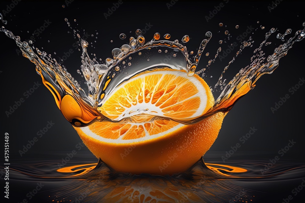 Poster image of an orange slice dripping in water, close up generative ai