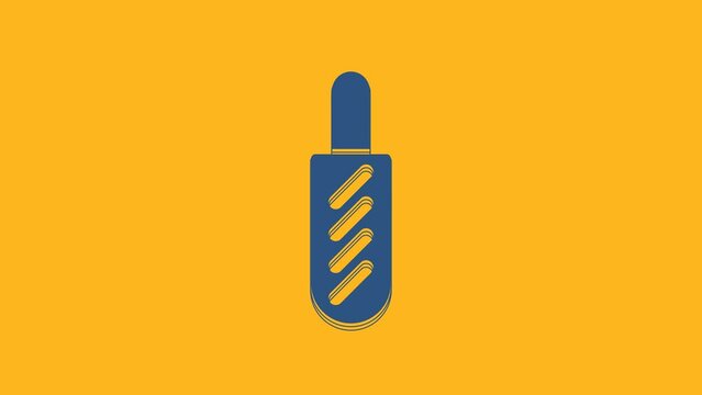 Blue Hotdog sandwich icon isolated on orange background. Sausage icon. Fast food sign. 4K Video motion graphic animation