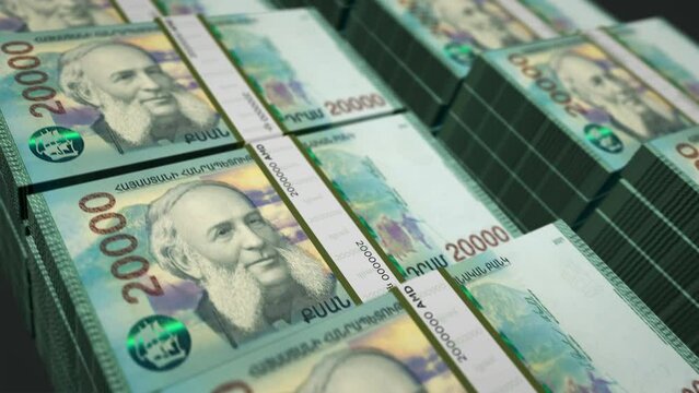 Armenia money Armenian Dram money pack loop 3d animation. Loopable seamless concept of finance, cash, economy, business and bank. Camera moving over the 20000 banknote bundle stacks.