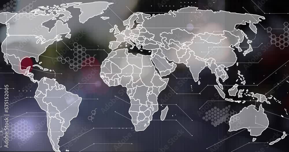 Poster animation of connected dots, hexagon patterns, map over defocused city in background