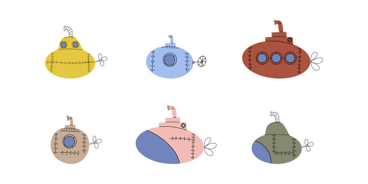 Fototapeta Submarine. Underwater transport. Sea life design. Vector illustration in scandinavian style.