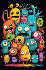 Many monsters, doodle art style, colorful, funny, neon watercolors Generative AI