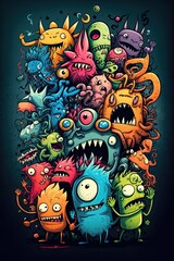 Many monsters, doodle art style, colorful, funny, neon watercolors Generative AI