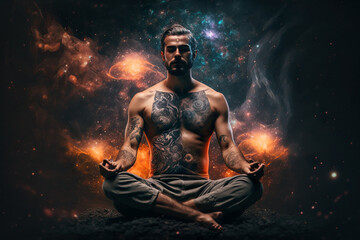 Man sitting in yoga lotus pose and his connection to space. Generative AI - obrazy, fototapety, plakaty