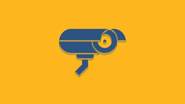 Blue Security camera icon isolated on orange background. 4K Video motion graphic animation