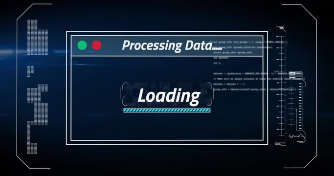Animation of interface with data processing against light spot on blue background