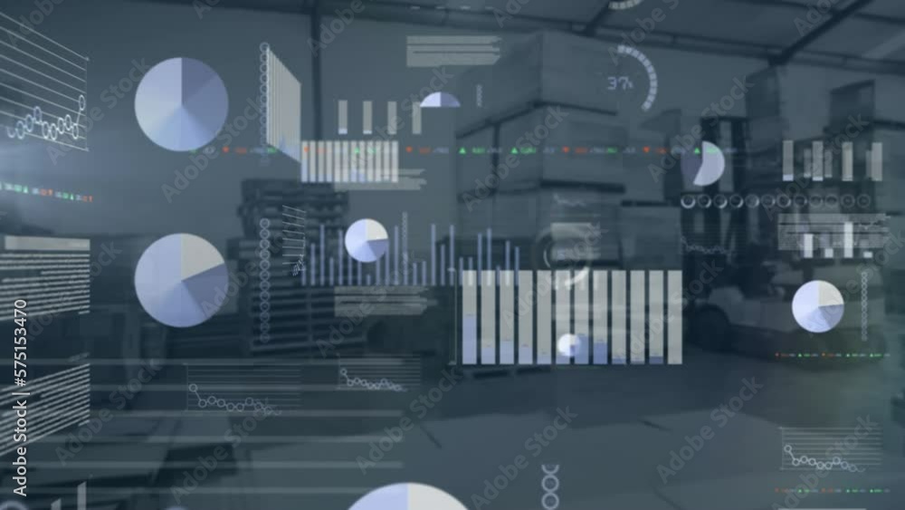 Aufkleber animation of data processing with statistics over warehouse