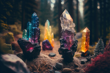 Gemstones on mysterious forest background. Life balance or esoteric and wiccan concept. Generative Ai.