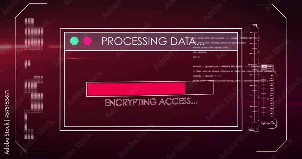 Poster animation of data processing text over screen and computer servers
