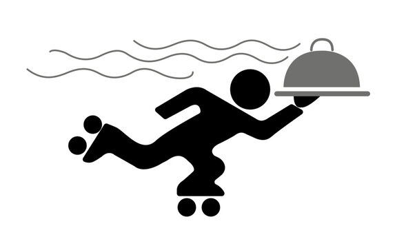 Skating waiter with silver tray vector icon isolated