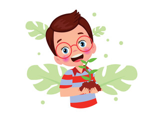 cute little boy holding a sapling