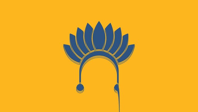 Blue Indian headdress with feathers icon isolated on orange background. Native american traditional headdress. 4K Video motion graphic animation