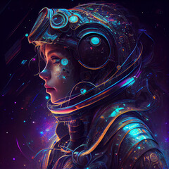 cybernetic cyberpunk astronaut, adorned with detailed bioluminescent designs, floating in the vast expanse of outer space, surrounded by many glowing and twinkling stars.